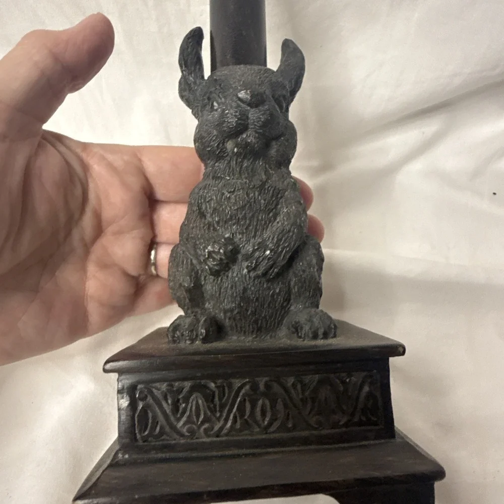 VTG Rabbit Table Lamp Bunny Base Fringe Shade Rustic Whimsy Cottage Goth Decor
